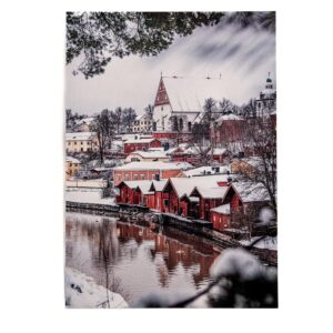 Postikortti Talvimaisema kirkko ja punaiset aitat talvella